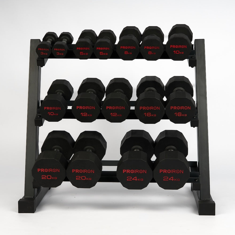 Sets de Mancuernas de Caucho Dodecagonales + RACK