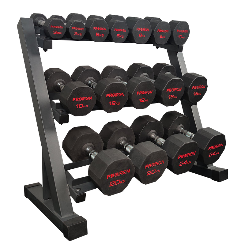 Sets de Mancuernas de Caucho Dodecagonales + RACK de 3 Niveles