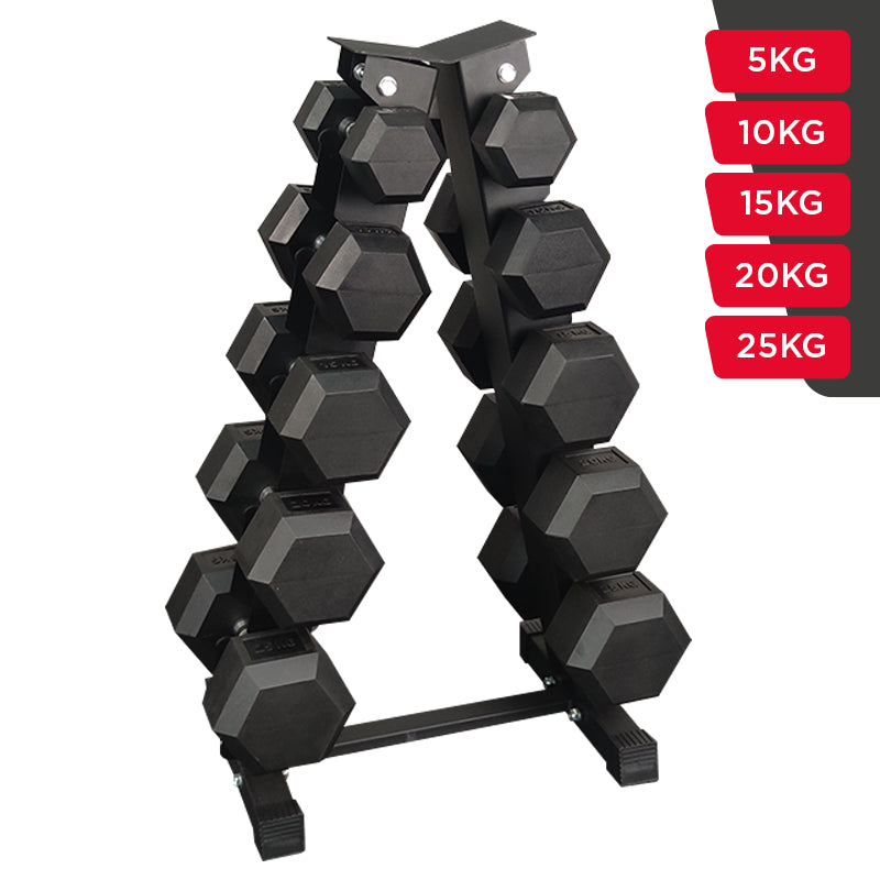 Sets de Mancuernas Hexagonales de Caucho + RACK de 5 Pares