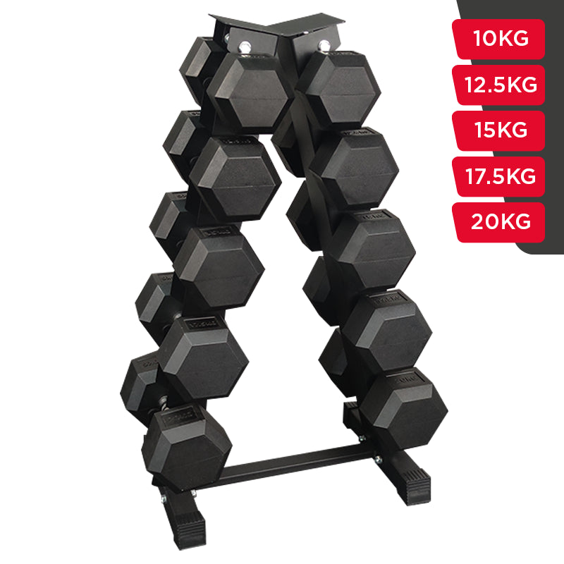 Sets de Mancuernas Hexagonales de Caucho + RACK de 5 Pares