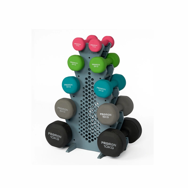 Sets de Mancuernas de Neopreno + RACK de 5 niveles