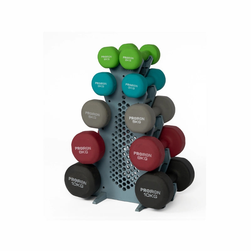 Sets de Mancuernas de Neopreno + RACK de 5 niveles