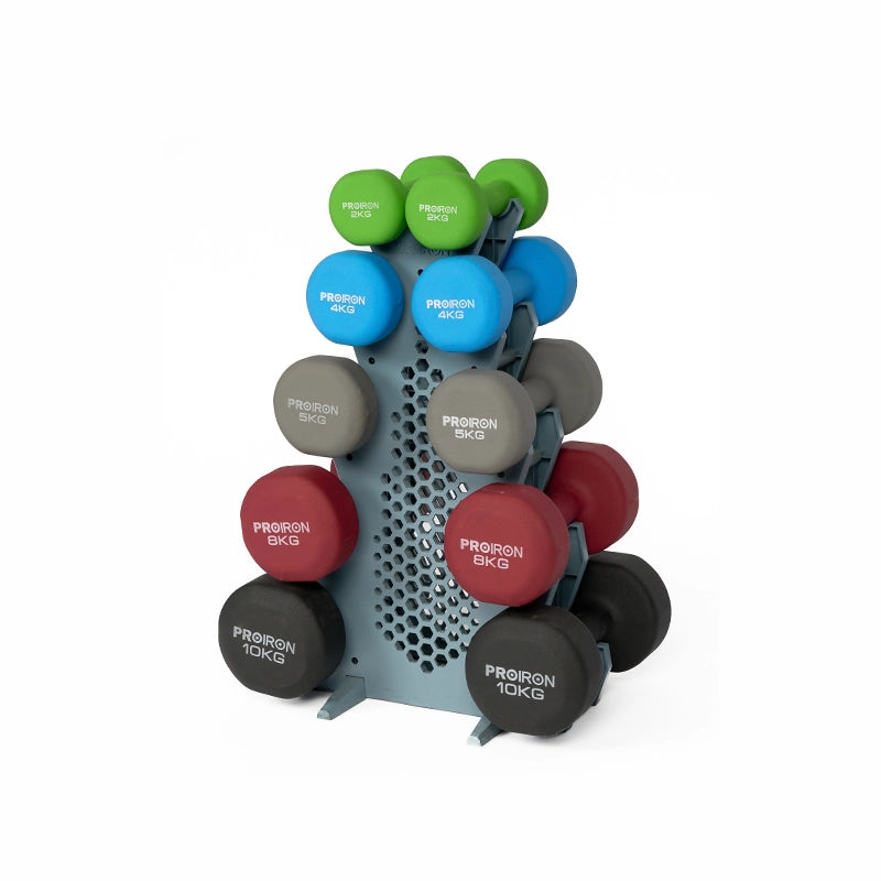 Sets de Mancuernas de Neopreno + RACK de 5 niveles