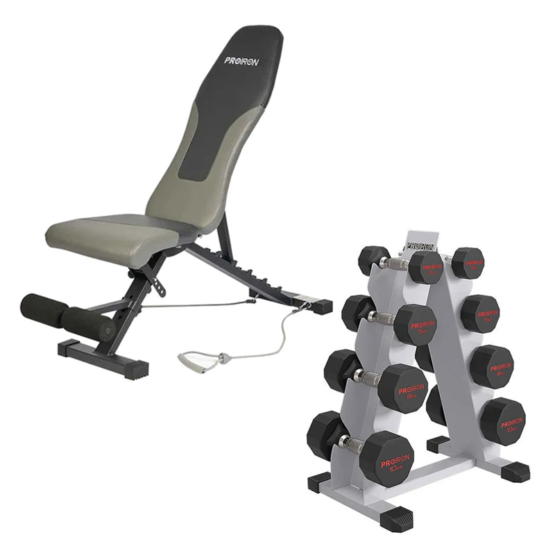 Set Home Gym PRO (Banca PRO-I + Set de Mancuernas Dodecagonales de Caucho + Rack)