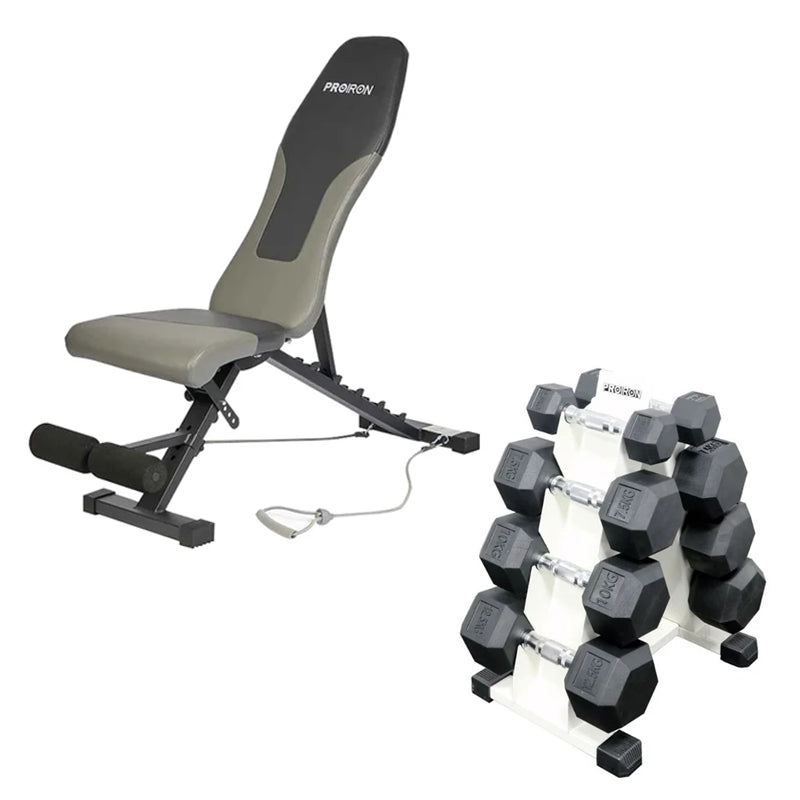 Set Home Gym PRO (Banca PRO-I + Set de Mancuernas Hexagonales de Caucho + Rack)