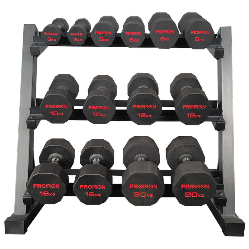 Sets de Mancuernas de Caucho Dodecagonales + RACK de 3 Niveles