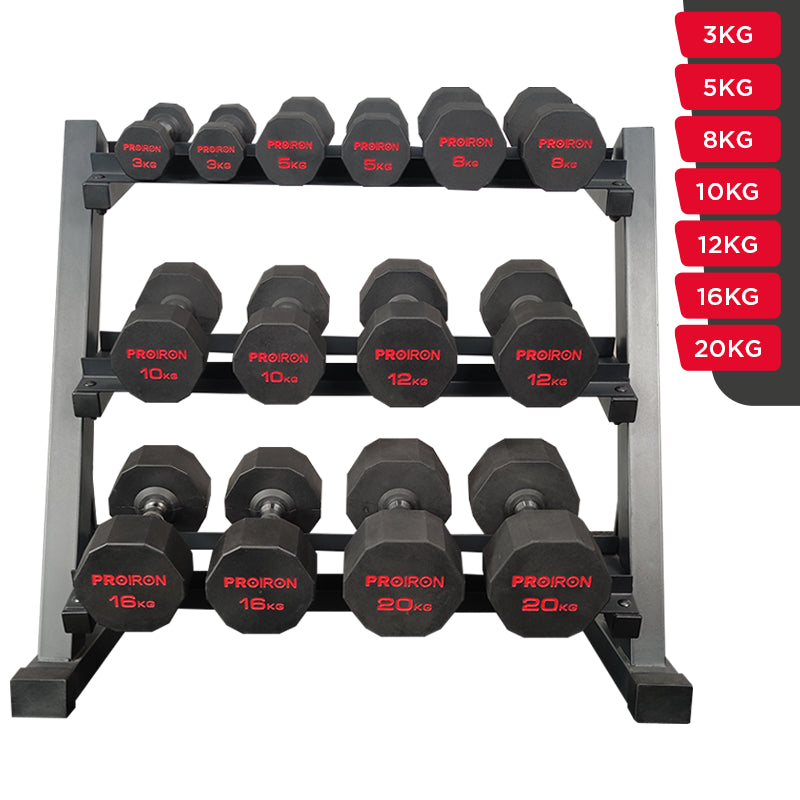 Sets de Mancuernas de Caucho Dodecagonales + RACK de 3 Niveles