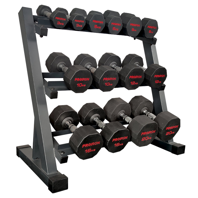 Sets de Mancuernas de Caucho Dodecagonales + RACK de 3 Niveles