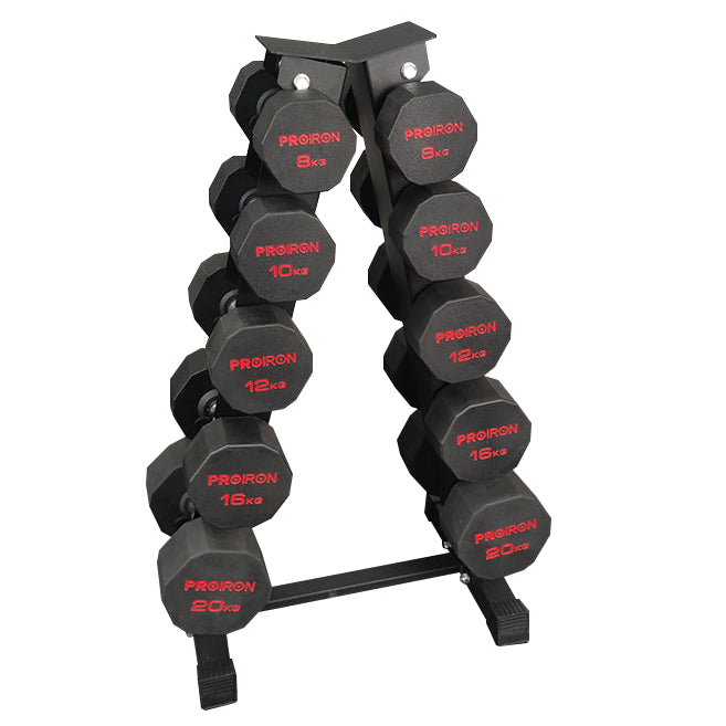 Sets de Mancuernas de Caucho Dodecagonales + RACK de 5 Pares