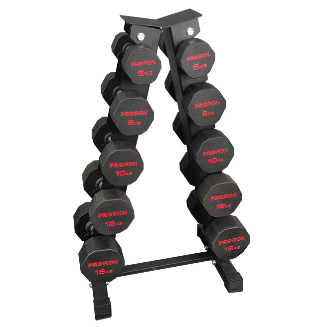 Sets de Mancuernas de Caucho Dodecagonales + RACK de 5 Pares