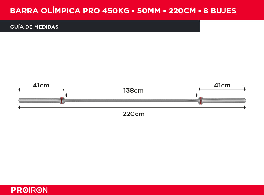 Barra Olímpica PRO 450kg - 50mm - 220cm - 8 bujes