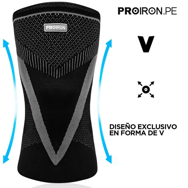 RODILLERA DEPORTIVA DE COMPRESION EN FORMA DE V CON ALMOHADILLA DE GEL Y ESTABILIZADORES LATERALES NEGRO CON GRIS - PROIRON PERU
