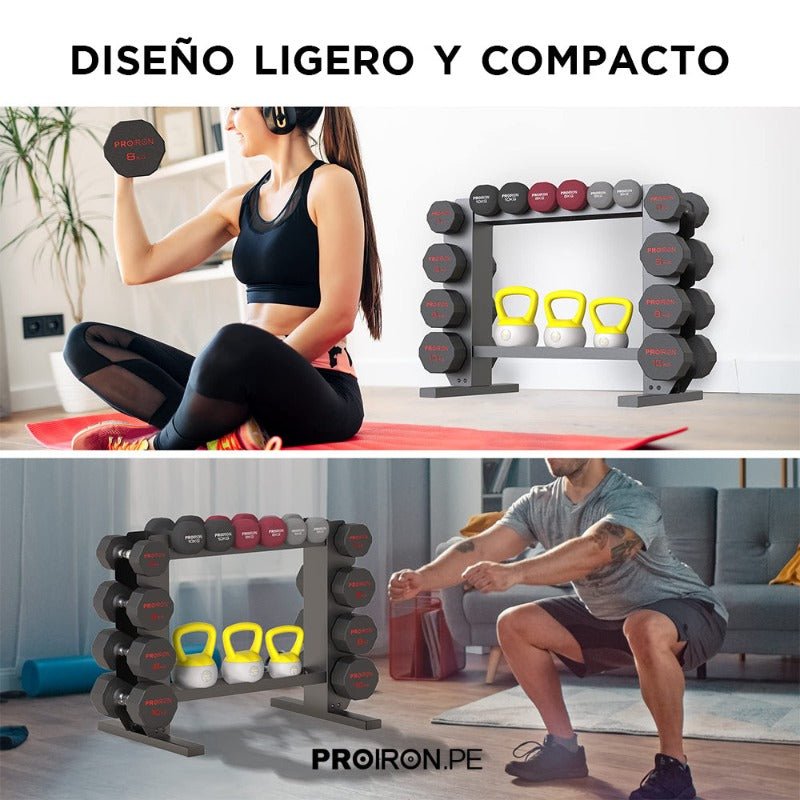 RACK DE ACERO COMPACTO PARA MANCUERNAS Y PESAS RUSAS - PROIRON PERU