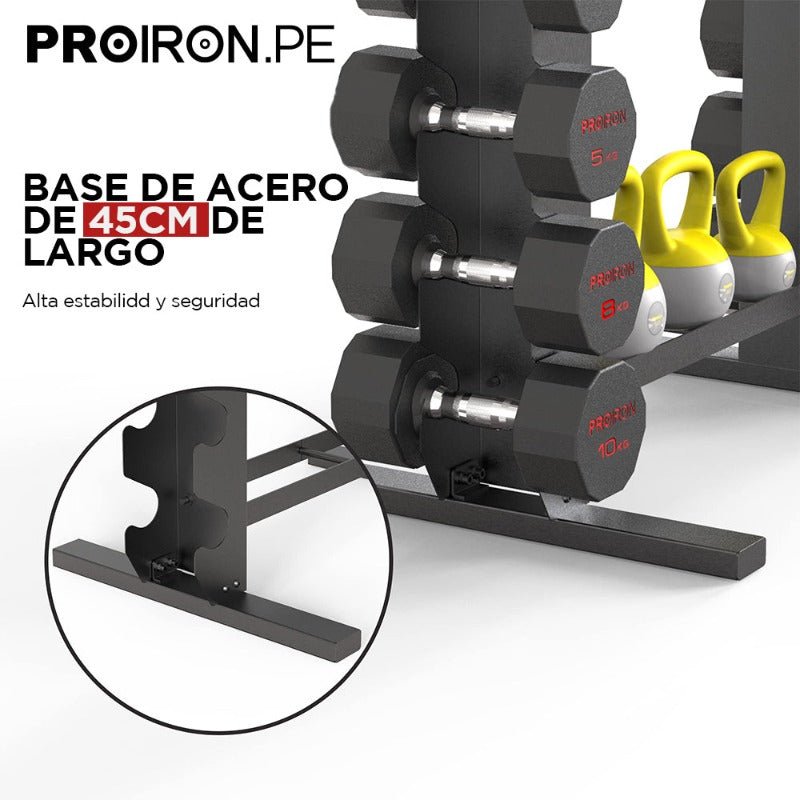 RACK DE ACERO COMPACTO PARA MANCUERNAS Y PESAS RUSAS - PROIRON PERU