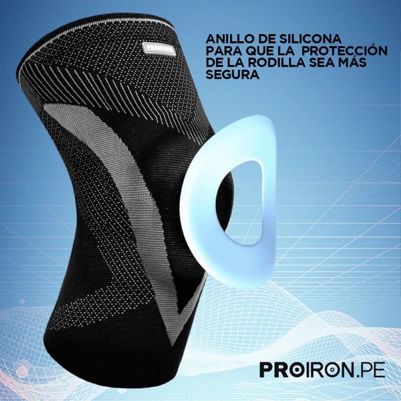 RODILLERA DEPORTIVA DE COMPRESION EN FORMA DE V CON ALMOHADILLA DE GEL Y ESTABILIZADORES LATERALES NEGRO CON GRIS - PROIRON PERU