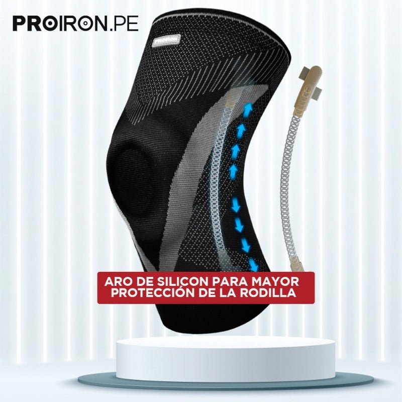 RODILLERA DEPORTIVA DE COMPRESION EN FORMA DE V CON ALMOHADILLA DE GEL Y ESTABILIZADORES LATERALES NEGRO CON GRIS - PROIRON PERU