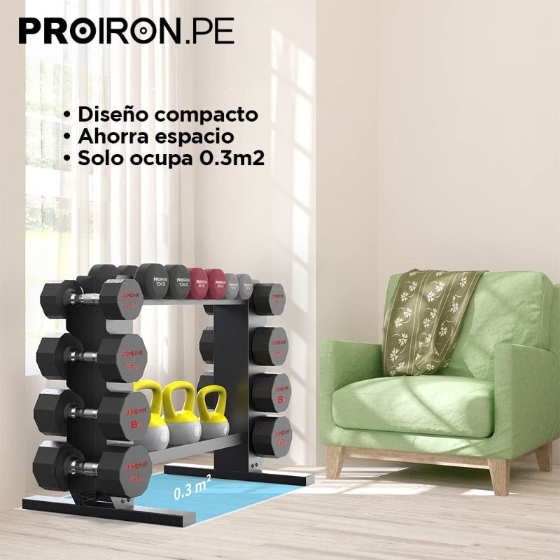 RACK DE ACERO COMPACTO PARA MANCUERNAS Y PESAS RUSAS - PROIRON PERU