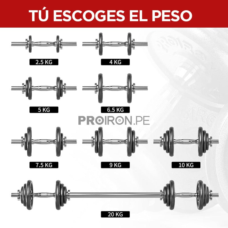 JUEGO DE MANCUERNAS DE HIERRO FUNDIDO AJUSTABLE DE 20KG - PROIRON PERU