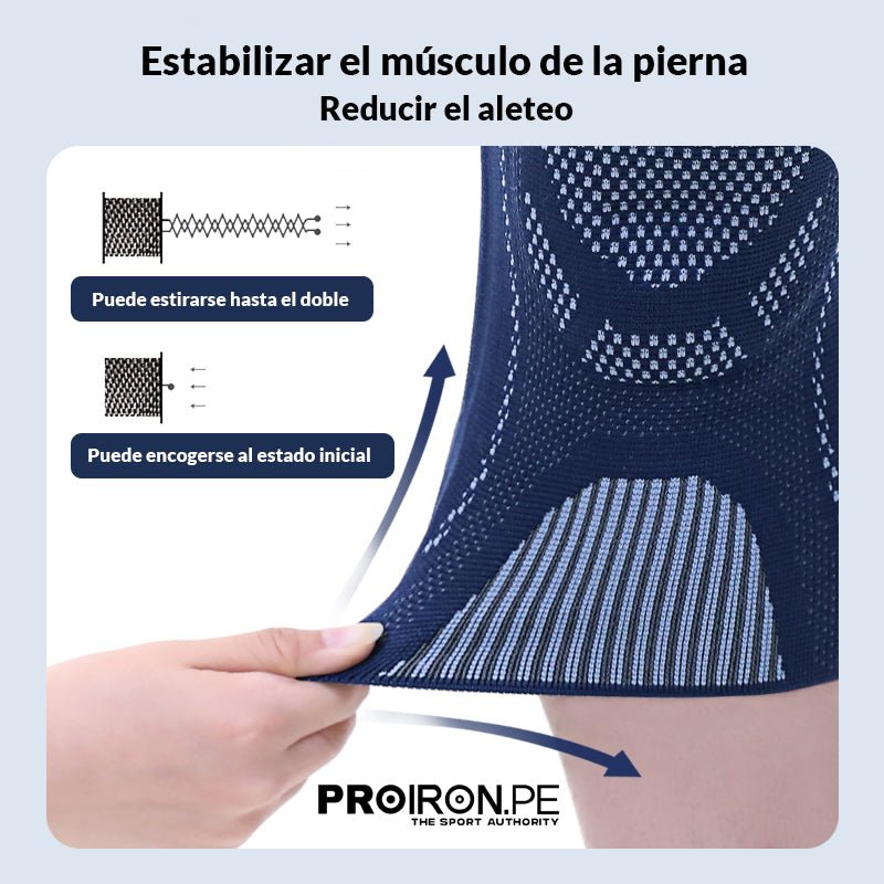 RODILLERA DEPORTIVA DE COMPRESION EN FORMA DE U CON ALMOHADILLA DE GEL Y ESTABILIZADORES LATERALES AZUL CON GRIS - PROIRON PERU