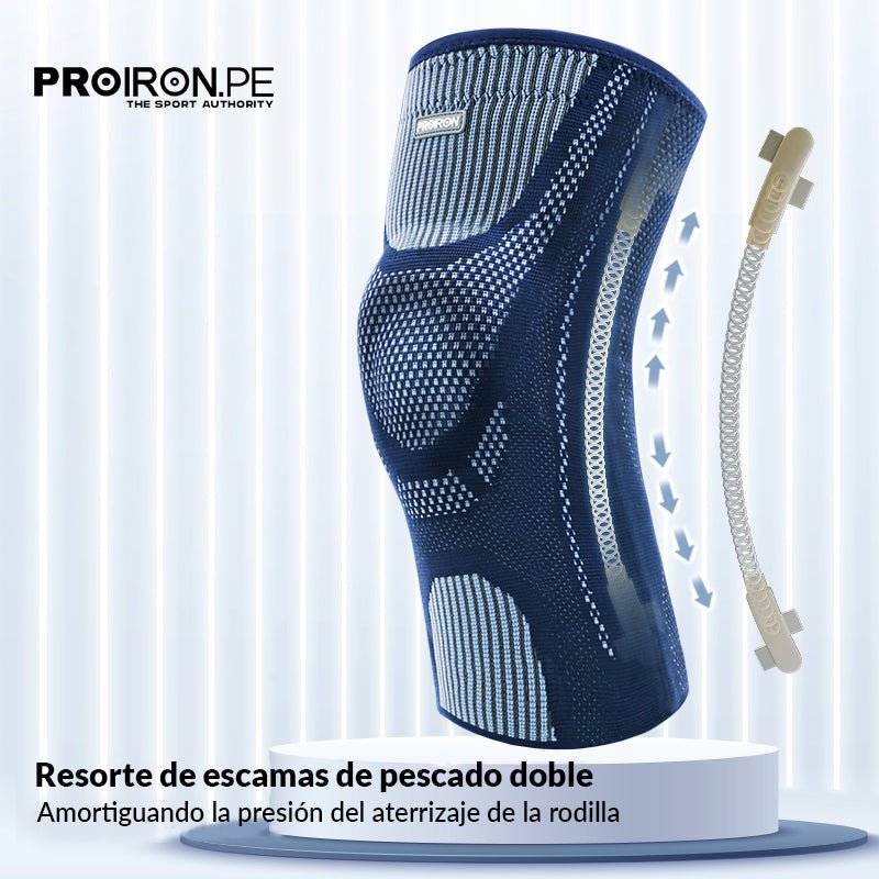 RODILLERA DEPORTIVA DE COMPRESION EN FORMA DE U CON ALMOHADILLA DE GEL Y ESTABILIZADORES LATERALES AZUL CON GRIS - PROIRON PERU
