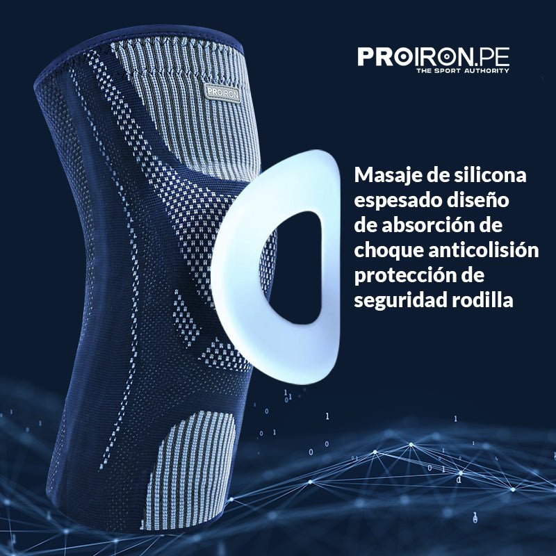 RODILLERA DEPORTIVA DE COMPRESION EN FORMA DE U CON ALMOHADILLA DE GEL Y ESTABILIZADORES LATERALES AZUL CON GRIS - PROIRON PERU