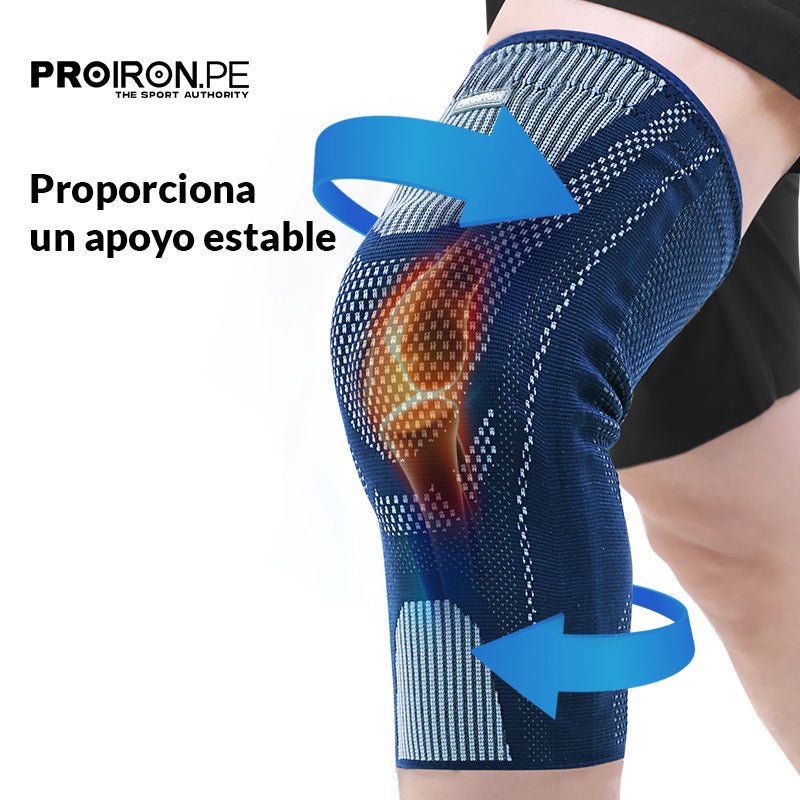 RODILLERA DEPORTIVA DE COMPRESION EN FORMA DE U CON ALMOHADILLA DE GEL Y ESTABILIZADORES LATERALES AZUL CON GRIS - PROIRON PERU