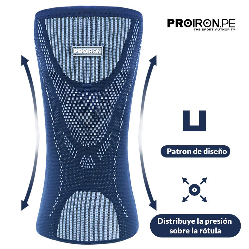 RODILLERA DEPORTIVA DE COMPRESION EN FORMA DE U CON ALMOHADILLA DE GEL Y ESTABILIZADORES LATERALES AZUL CON GRIS - PROIRON PERU