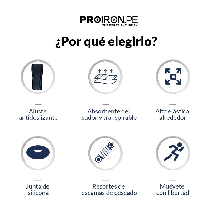 RODILLERA DEPORTIVA DE COMPRESION EN FORMA DE U CON ALMOHADILLA DE GEL Y ESTABILIZADORES LATERALES AZUL CON GRIS - PROIRON PERU