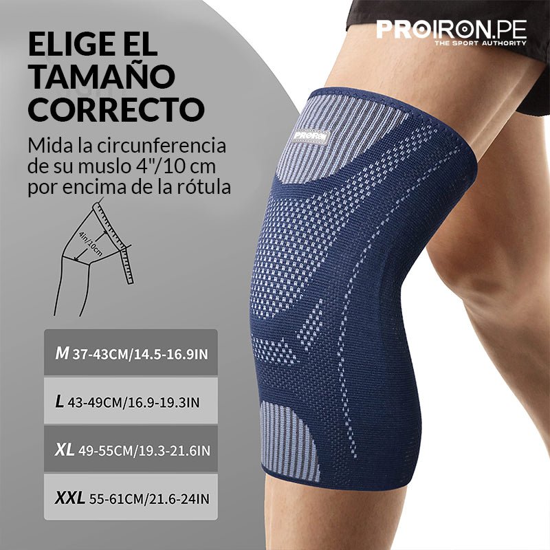 RODILLERA DEPORTIVA DE COMPRESION EN FORMA DE U CON ALMOHADILLA DE GEL Y ESTABILIZADORES LATERALES AZUL CON GRIS - PROIRON PERU