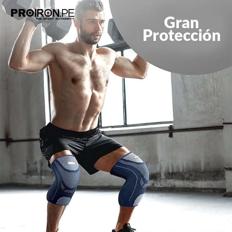 RODILLERA DEPORTIVA DE COMPRESION EN FORMA DE U CON ALMOHADILLA DE GEL Y ESTABILIZADORES LATERALES AZUL CON GRIS - PROIRON PERU