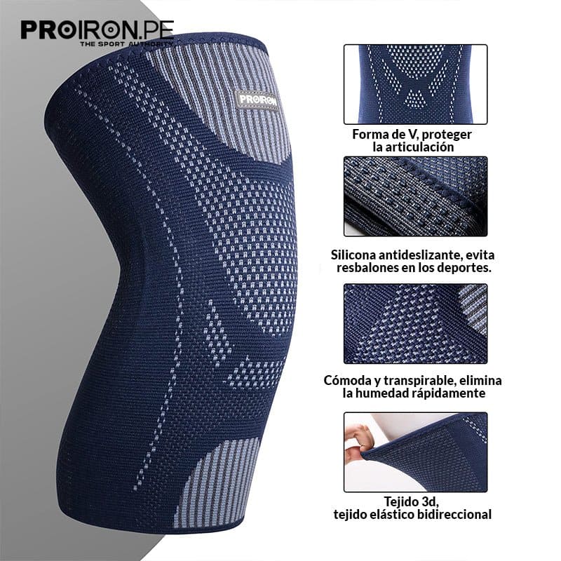 RODILLERA DEPORTIVA DE COMPRESION EN FORMA DE U CON ALMOHADILLA DE GEL Y ESTABILIZADORES LATERALES AZUL CON GRIS - PROIRON PERU
