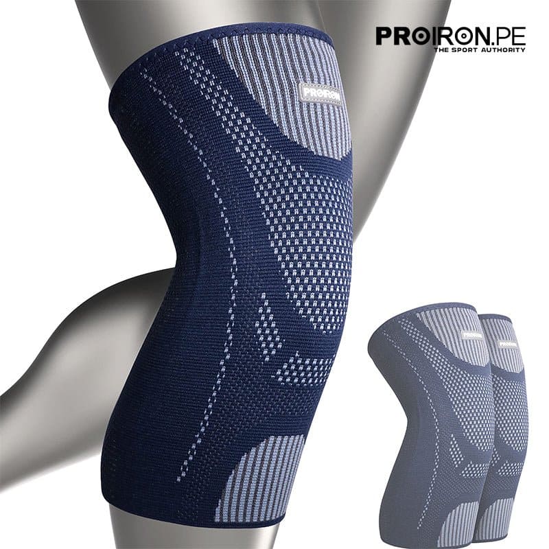 RODILLERA DEPORTIVA DE COMPRESION EN FORMA DE U CON ALMOHADILLA DE GEL Y ESTABILIZADORES LATERALES AZUL CON GRIS - PROIRON PERU
