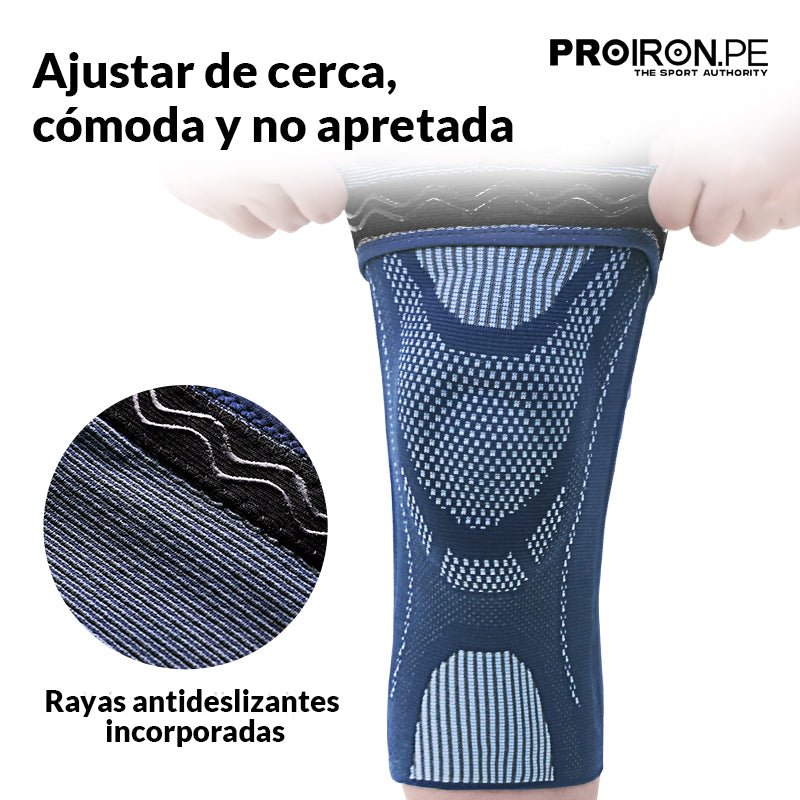 RODILLERA DEPORTIVA DE COMPRESION EN FORMA DE U CON ALMOHADILLA DE GEL Y ESTABILIZADORES LATERALES AZUL CON GRIS - PROIRON PERU