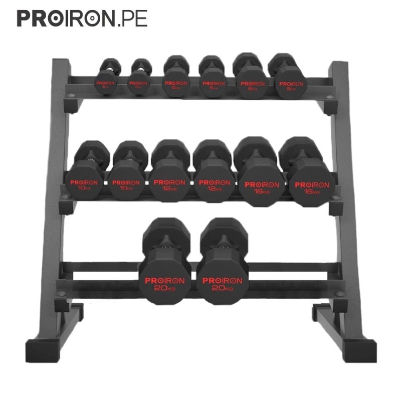 Sets de Mancuernas Dodecagonales de Caucho + RACK - PROIRON PERU