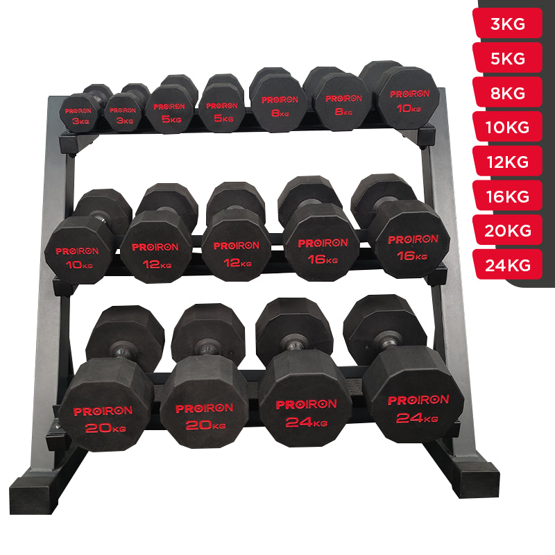 Sets de Mancuernas de Caucho Dodecagonales + RACK de 3 Niveles