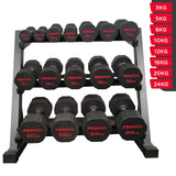 Sets de Mancuernas de Caucho Dodecagonales + RACK de 3 Niveles