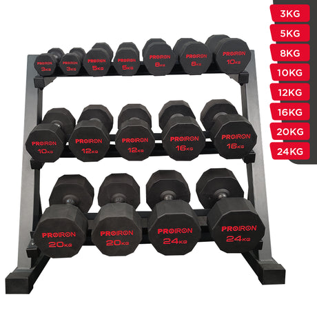 Sets de Mancuernas de Caucho Dodecagonales + RACK de 3 Niveles