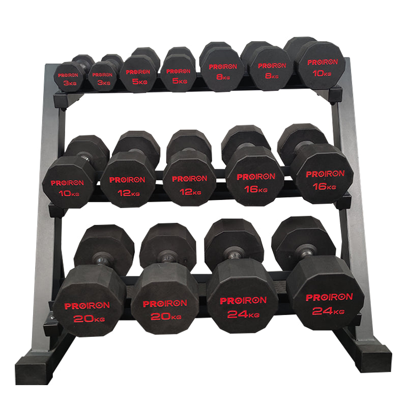 Sets de Mancuernas de Caucho Dodecagonales + RACK de 3 Niveles