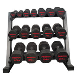 Sets de Mancuernas de Caucho Dodecagonales + RACK de 3 Niveles