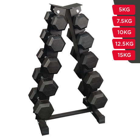 Sets de Mancuernas Hexagonales de Caucho + RACK de 5 Pares