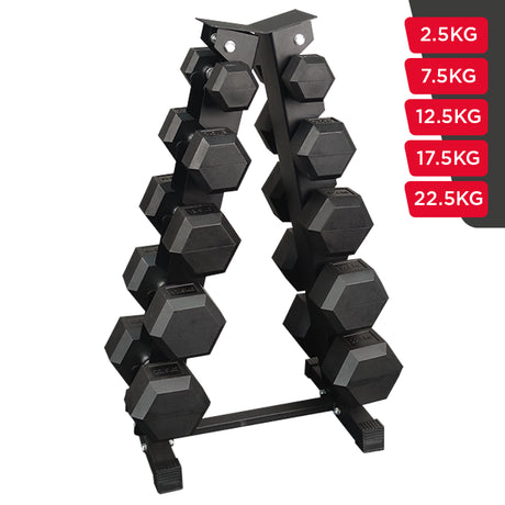 Sets de Mancuernas Hexagonales de Caucho + RACK de 5 Pares