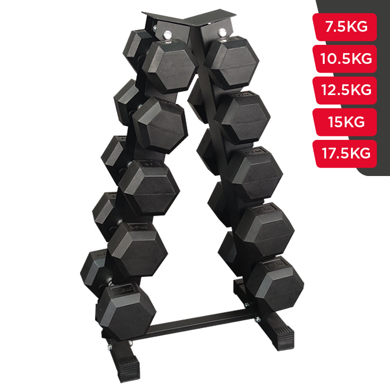 Sets de Mancuernas Hexagonales de Caucho + RACK de 5 Pares