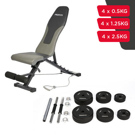 Set Home Gym PRO (Banca PRO -I + Juego de Mancuernas de Caucho Ajustable)
