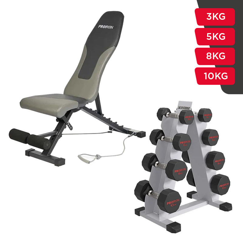 Set Home Gym PRO (Banca PRO-I + Set de Mancuernas Dodecagonales de Caucho + Rack)