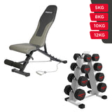 Set Home Gym PRO (Banca PRO-I + Set de Mancuernas Dodecagonales de Caucho + Rack)