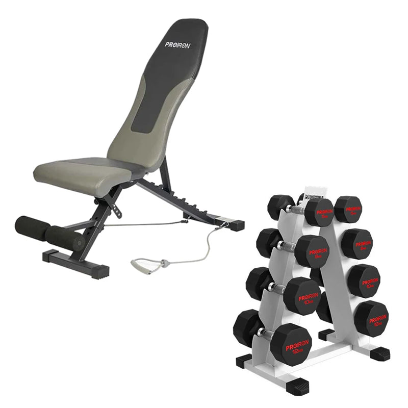 Set Home Gym PRO (Banca PRO-I + Set de Mancuernas Dodecagonales de Caucho + Rack)