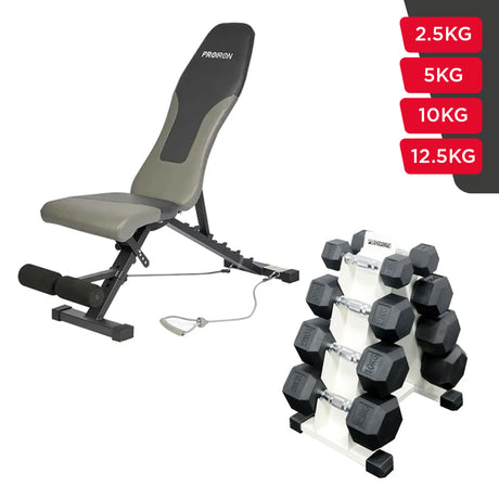 Set Home Gym PRO (Banca PRO-I + Set de Mancuernas Hexagonales de Caucho + Rack)
