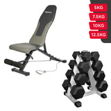 Set Home Gym PRO (Banca PRO-I + Set de Mancuernas Hexagonales de Caucho + Rack)