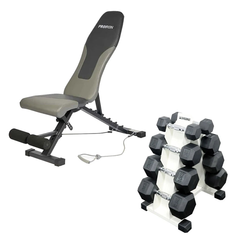 Set Home Gym PRO (Banca PRO-I + Set de Mancuernas Hexagonales de Caucho + Rack)