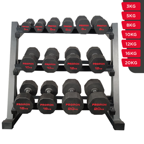 Sets de Mancuernas de Caucho Dodecagonales + RACK de 3 Niveles